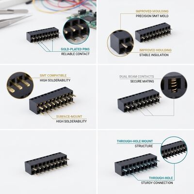 Dual Row 2.54MM Right Angle Female Header Connector 04P-80P Gold Flash PA6T PCB Through Hole