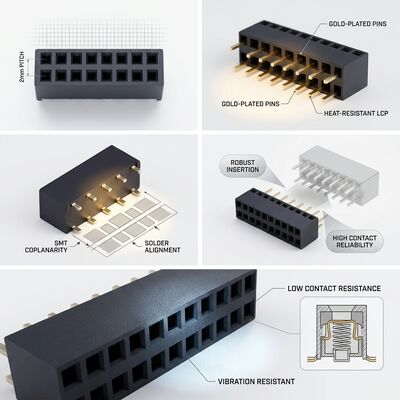 สไตล์หมวกกล่องห่ม 2.54 มม คอนเนกเตอร์หญิงสองแถว ทอง แฟลช PA6T PCB ที่มีสกุลขั้วผ่านรู