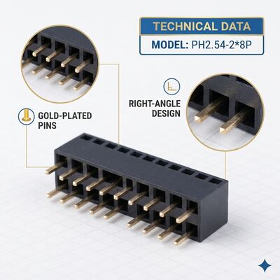 คอนเนคเตอร์หัวหน้าสตรีมุมขวาสองแถว 2.54MM 04P-80P ทอง Flash PA6T PCB ผ่านรู